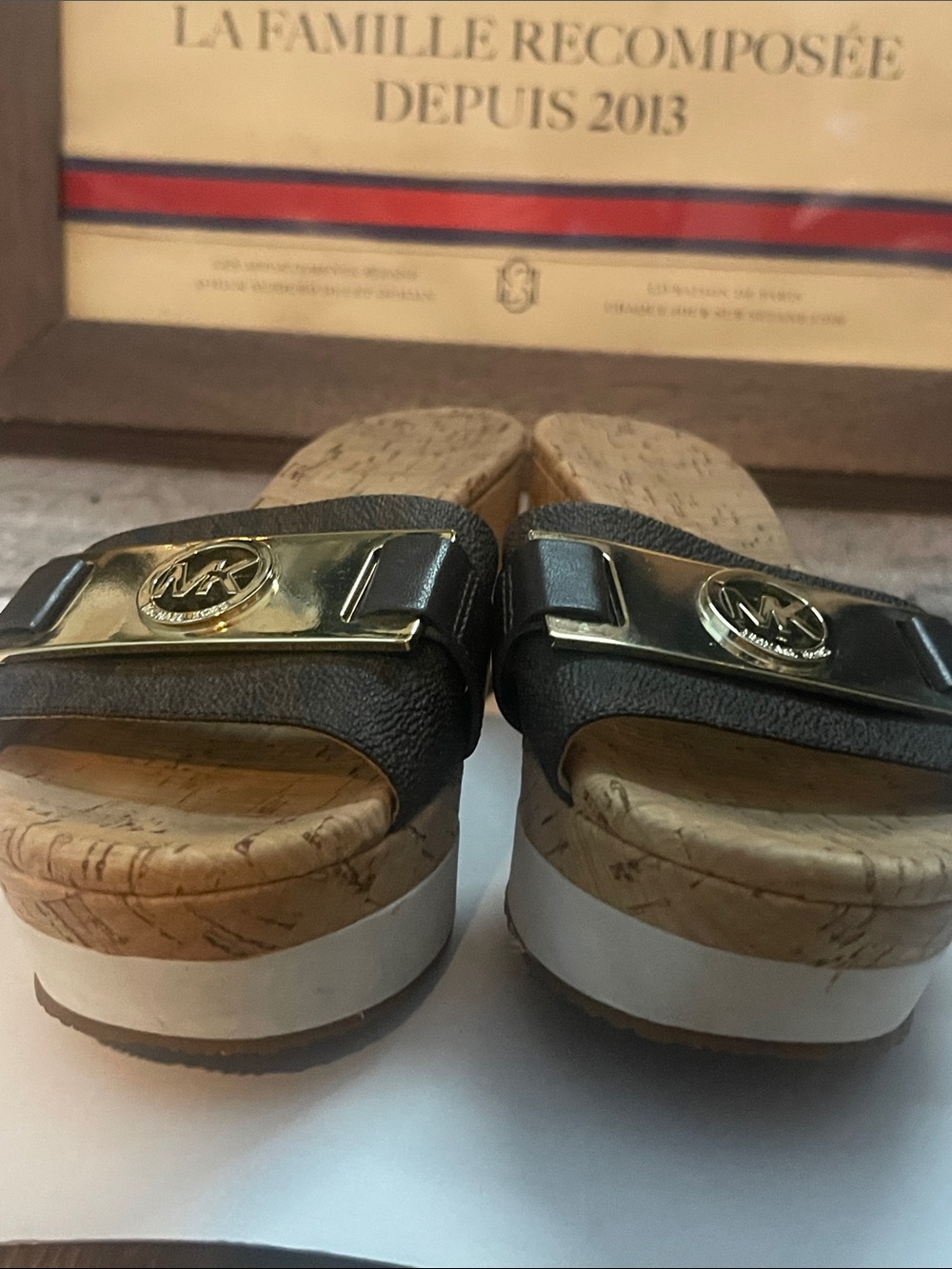 Michael Kors Brown Monogram Cork Wedge Slide Sandals with Gold Logo - Picture 5 of 12